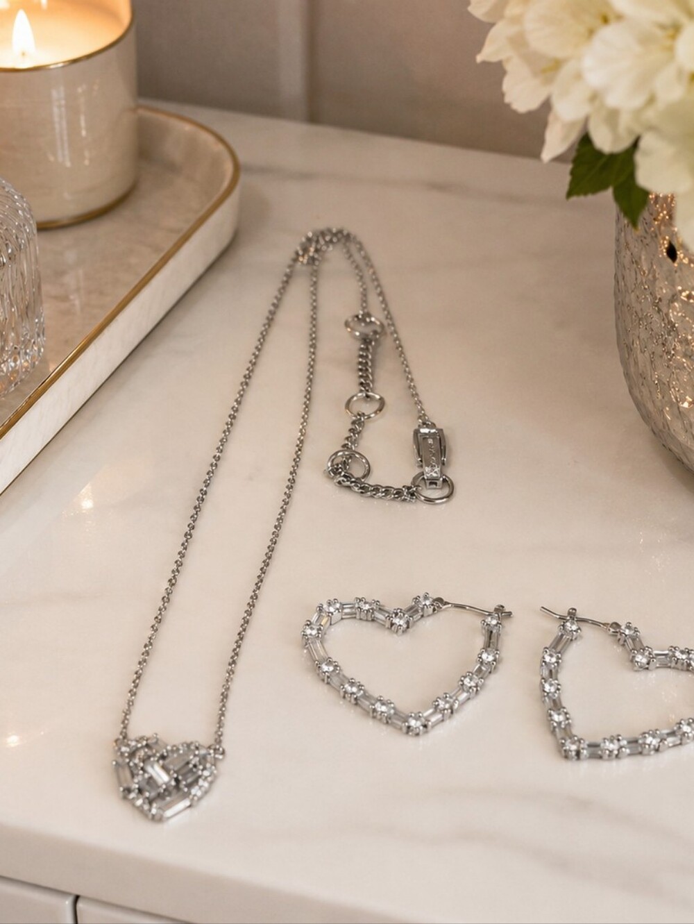 Givenchy Crystal Heart Necklace & Matching Heart Hoop Earrings Set Silver Tone - Picture 4 of 8